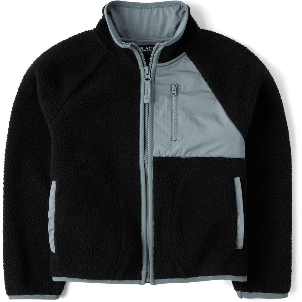 The Children's Place Boys Sherpa Fleece Full Zip Jacket Black Gray XL New